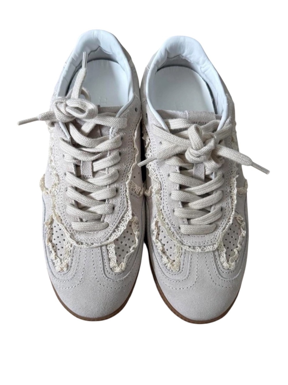 New ALOHAS Crochet Sneakers Lace Trim Ivory Suede Shoes Womens 9 - Picture 3 of 5